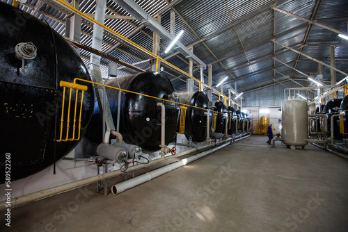 Jambyl province, Kazakhstan - April 24, 2012: Modern biogas plant. Gas tank reactors and furnaces.