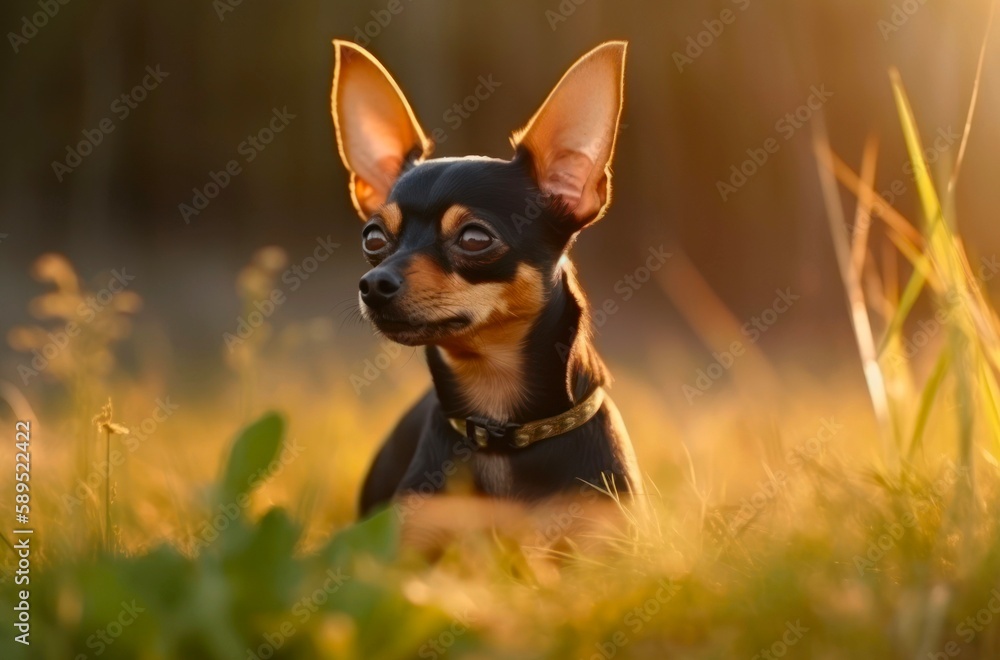 English toy terrier is sitting in the grass outdoor. Generative AI. English toy terrier is sitting in the grass outdoor. Generative AI.