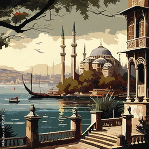 Istanbul Turkiye Landscape vector illustration. Abstract cityscape with the main attractions at sunset