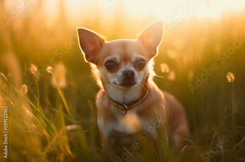 Chihuahua puppy is sitting on the grass outdoor. Generative AI. © Hanna