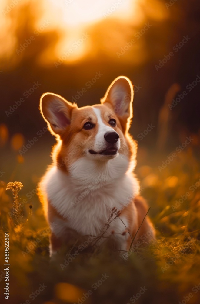 Pembroke Welsh Corgi is sitting in the grass in the park. Generative AI. Pembroke Welsh Corgi is sitting in the grass in the park. Generative AI.