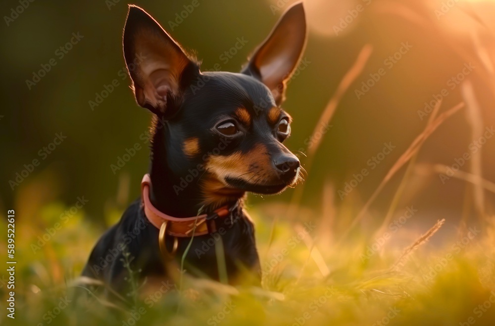 English toy terrier is sitting in the grass outdoor. Generative AI. English toy terrier is sitting in the grass outdoor. Generative AI.