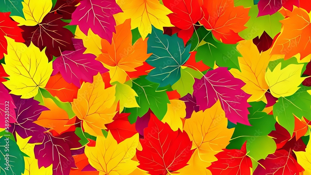 Fallen colorful maple leaves cover the forest floor. Generative AI.
