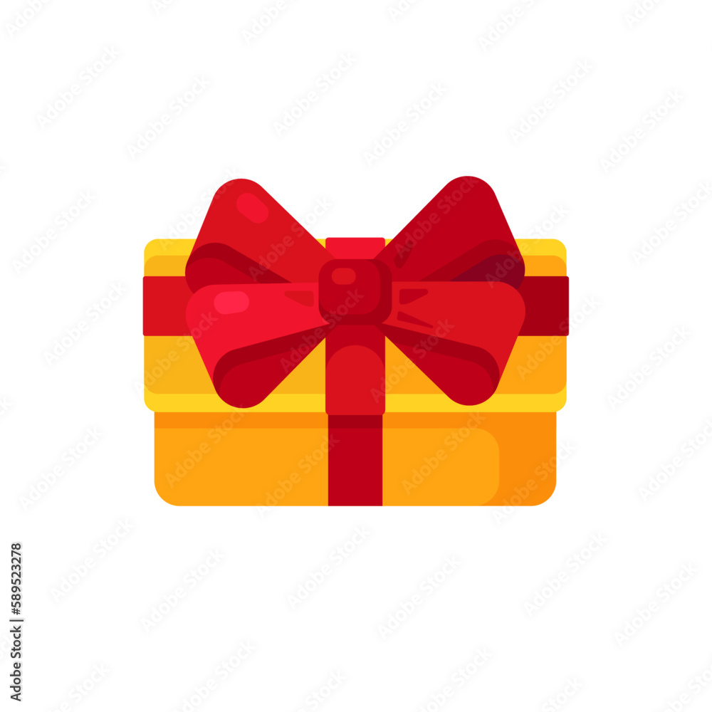 Obraz premium Yellow Gift Box with Red Ribbon and Bow Isolated Sign Flat Style Vector Illustration Symbol on White Background