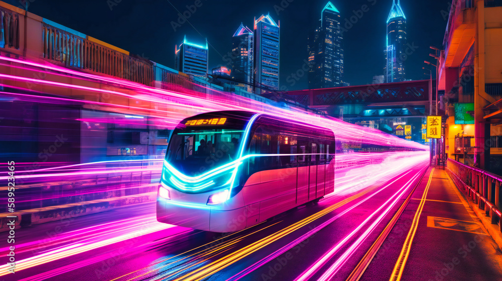 Fototapeta premium A futuristic electric cargo transport driving through a modern city with a glowing neon light trail behind it, showcasing innovation and energy