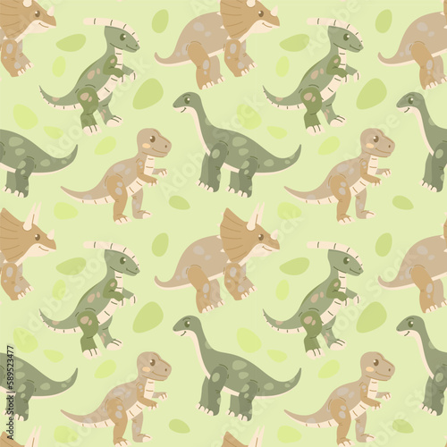 Dinosaur seamless pattern with tyrannosaurus rex, brachiosaurus, triceratops, and parasaurolophus cartoons.