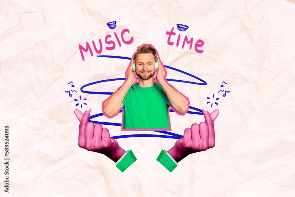 Photo collage artwork minimal picture of dreamy smiling guy enjoying music headphones isolated drawing background