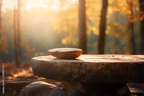 Stone table, empty, forest bokeh, sunset atmosphere. Generative AI photo