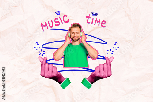 Photo collage artwork minimal picture of dreamy smiling guy enjoying music headphones isolated drawing background