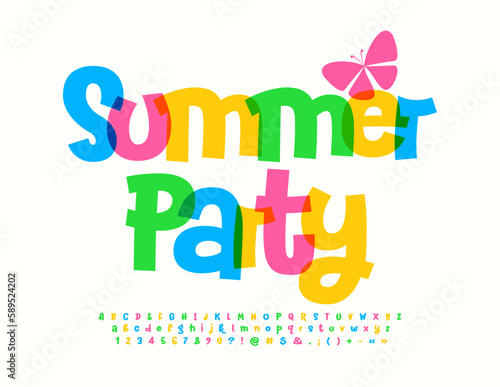 Vector bright poster Summer Party. Funny watercolor Font. Playful style Alphabet Letters, Numbers and Symbols