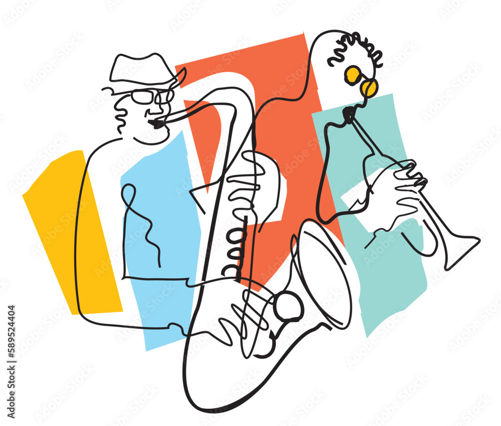 Jazz theme, trumpet player and saxophonist. 
Expressive Illustration of two jazz musicians, continuous line drawing design. Isolated on white background. Vector available.