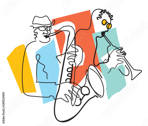 Jazz theme, trumpet player and saxophonist. 
Expressive Illustration of two jazz musicians, continuous line drawing design. Isolated on white background. Vector available.