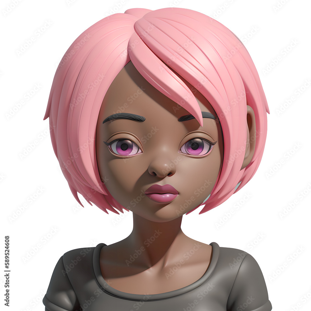 Generative AI illustration of portrait of a dark-skinned girl with pink hair, short haircut and big eyes
Generative AI illustration of portrait of a dark-skinned girl with pink hair, short haircut and big eyes