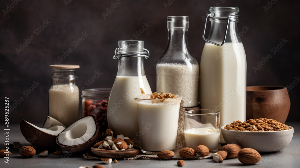 Dairy free milk substitute drinks and ingredients. Generative ai. Dairy free milk substitute drinks and ingredients. Generative ai.