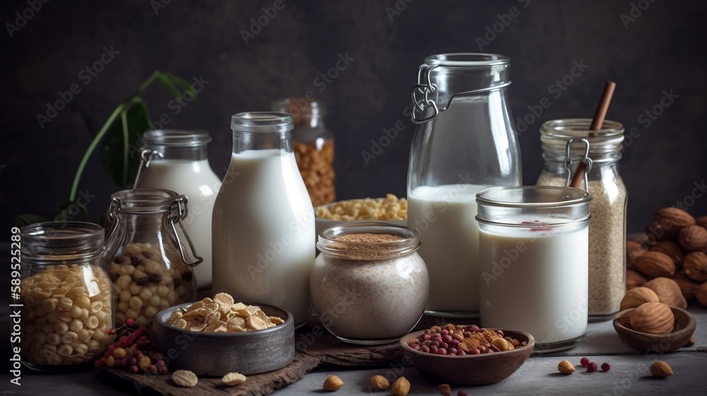 Dairy free milk substitute drinks and ingredients. Generative ai. Dairy free milk substitute drinks and ingredients. Generative ai.