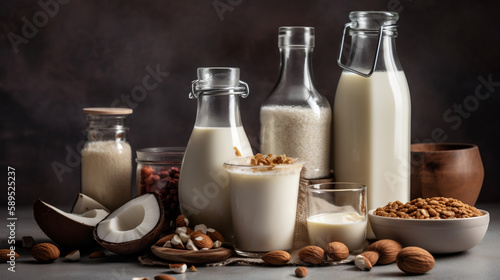 Dairy free milk substitute drinks and ingredients. Generative ai. photo