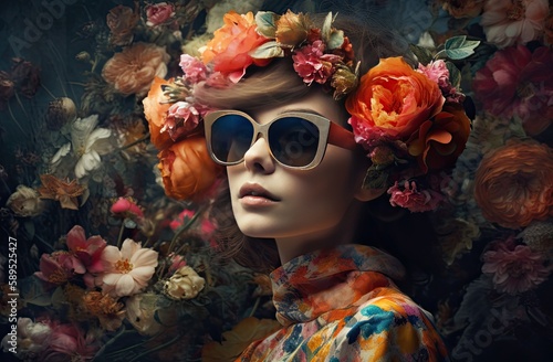 Floral art print featuring a woman with sunglasses and flowers, in a conceptual digital style composed entirely of blooms. Generative AI