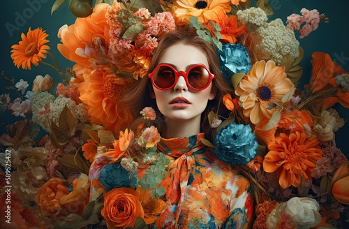 Floral art print featuring a woman with sunglasses and flowers  in a conceptual digital style composed entirely of blooms. Generative AI