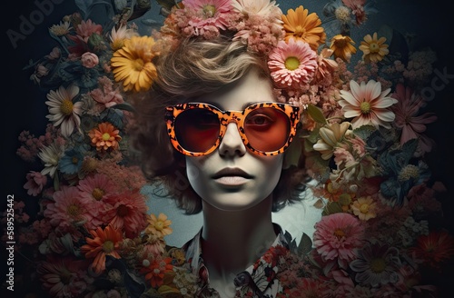 Floral art print featuring a woman with sunglasses and flowers, in a conceptual digital style composed entirely of blooms. Generative AI