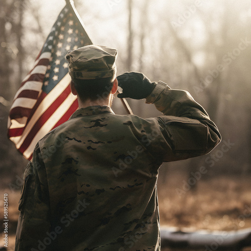 Respect and Honor: A Captivating Back View Photography of Military Saluting the USA Flag, a Tribute to Patriotism and Sacrifice