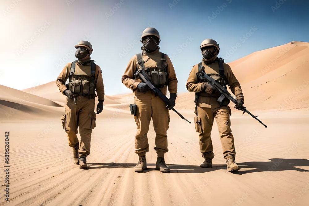 Soldier walking in the desert patrolling together Soldier walking in the desert patrolling together