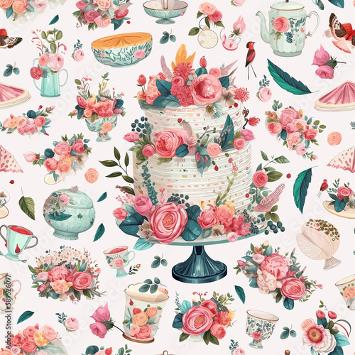 Seamless patern, wallpaper for kitchen, tea set with flowers, birds and desserts