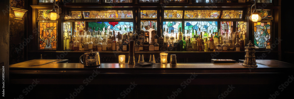 old pub bar scene. Wide format. Hand edited generative AI.