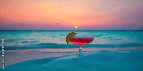 banner illustrazione one cocktail on the background of a beautiful sunset, beach, blue sea and sky summer vacation vacation concept copy space Generative AI