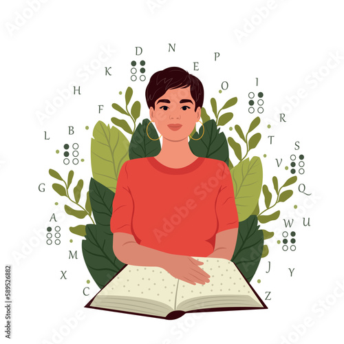 World Braille Day. Smiling blind woman reading something in braille. November 13 is International Day of the Blind.