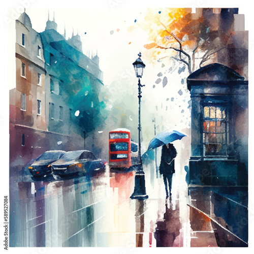 Watercolor illustration of rainly London street, vector.
