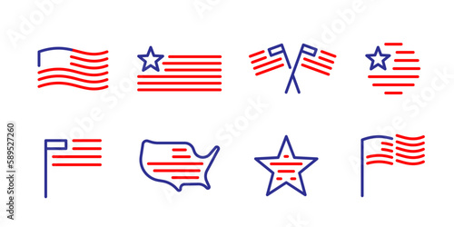 USA flag line icon set isolated illustration