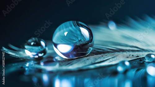 Round water droplet on blue feather. Macro world. Based on Generative AI