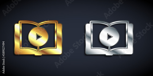 Gold and silver Audio book icon isolated on black background. Play button and book. Audio guide sign. Online learning concept. Long shadow style. Vector