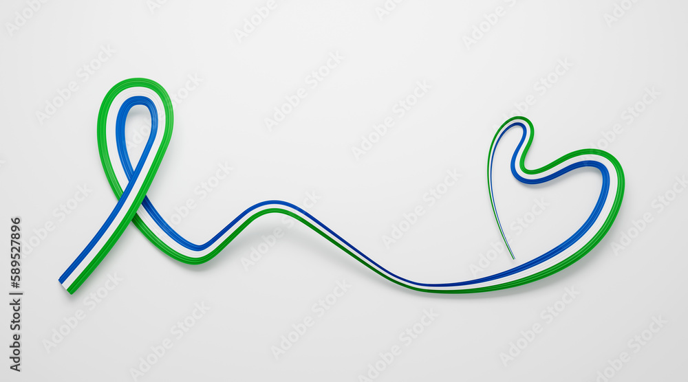 3d Flag Of Sierra leone Heart-Shaped Shiny Wavy Awareness Ribbon On White Background, 3d illustration 3d Flag Of Sierra leone Heart-Shaped Shiny Wavy Awareness Ribbon On White Background, 3d illustration