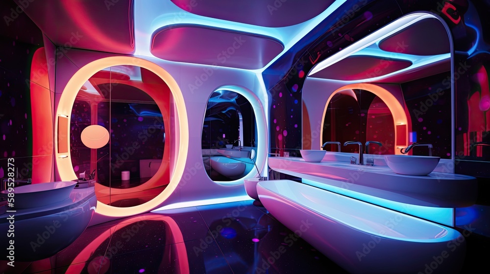 Colorful futuristic purple bathroom interior design, generative ai room design for stylish home