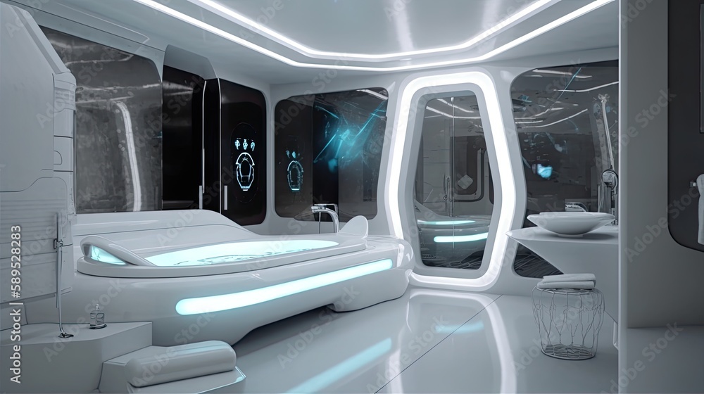 Futuristic white space ship bathroom interior design, generative ai room design with bright neon lights Futuristic white space ship bathroom interior design, generative ai room design with bright neon lights
