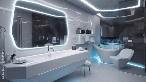 Futuristic bathroom interior design with huge mirrow on the wall, sterile generative ai bathroom