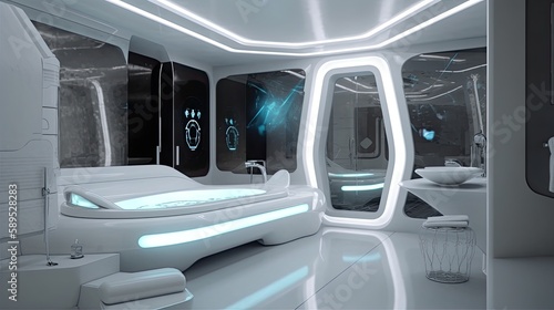 Futuristic white space ship bathroom interior design, generative ai room design with bright neon lights © Sabine
