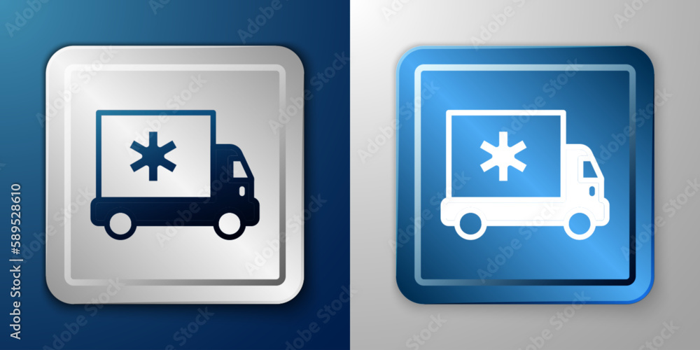 White Ambulance and emergency car icon isolated on blue and grey background. Ambulance vehicle medical evacuation. Silver and blue square button. Vector White Ambulance and emergency car icon isolated on blue and grey background. Ambulance vehicle medical evacuation. Silver and blue square button. Vector