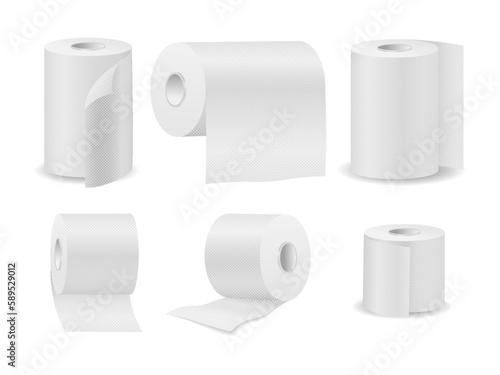 Realistic toilet paper. kitchen paper towel cylinder, white isolated scroll , hygiene spool sheet, office print paper roll. Vector set