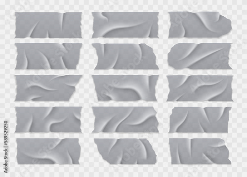 Transparent sticky tape. Realistic clear plastic adhesive tape, sticky foil strip with folds and crease. Vector crumpled bandage set