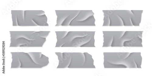 Transparent adhesive plastic tape pieces and cross for fixing isolated on transparent background. Crumpled glue plastic sticky tape for photo and paper fixture. 3d realistic wrinkled strips vector