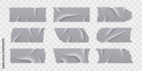 Transparent adhesive plastic tape pieces and cross for fixing isolated on transparent background. Crumpled glue plastic sticky tape for photo and paper fixture. 3d realistic wrinkled strips vector