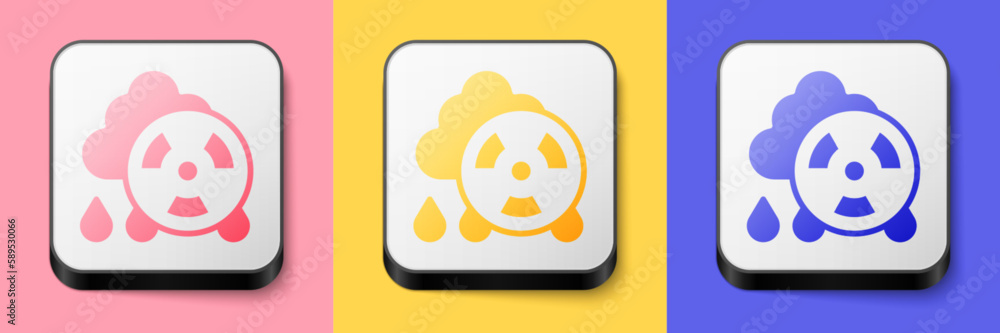 Isometric Acid rain and radioactive cloud icon isolated on pink, yellow and blue background. Effects of toxic air pollution on the environment. Square button. Vector Isometric Acid rain and radioactive cloud icon isolated on pink, yellow and blue background. Effects of toxic air pollution on the environment. Square button. Vector