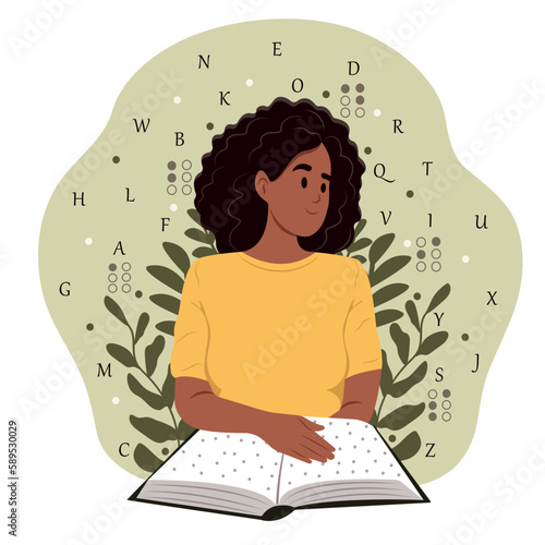 June 27 - International Day of the Deaf-Blind.World Braille Day. A smiling blind black woman reads something in Braille. November 13 - International Day of the Blind.