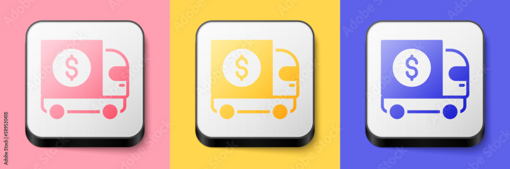 Isometric Armored truck icon isolated on pink, yellow and blue background. Square button. Vector Isometric Armored truck icon isolated on pink, yellow and blue background. Square button. Vector