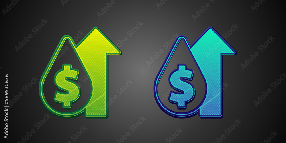 Green and blue Oil price increase icon isolated on black background. Oil industry crisis concept. Vector Green and blue Oil price increase icon isolated on black background. Oil industry crisis concept. Vector