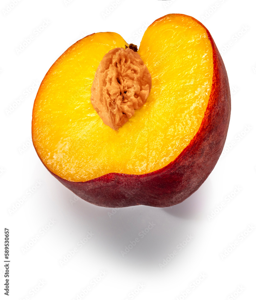 Peaches on a white isolated background. Ripe fresh tropical nectarine fruit piece with pit. Peaches on a white isolated background. Ripe fresh tropical nectarine fruit piece with pit.