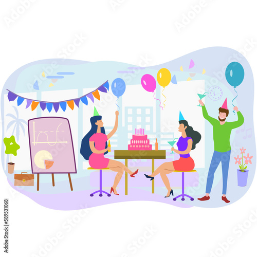Happy people having fun at office party. Excited office girls and guys celebrating success together. Corporate party, team building activity, corporate event idea concept. 