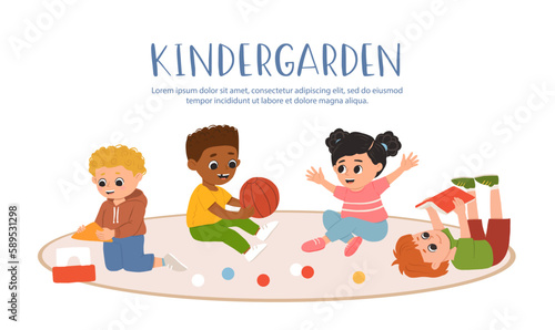 Kids play toys and games together in kindergarden. Cartoon playroom with children.